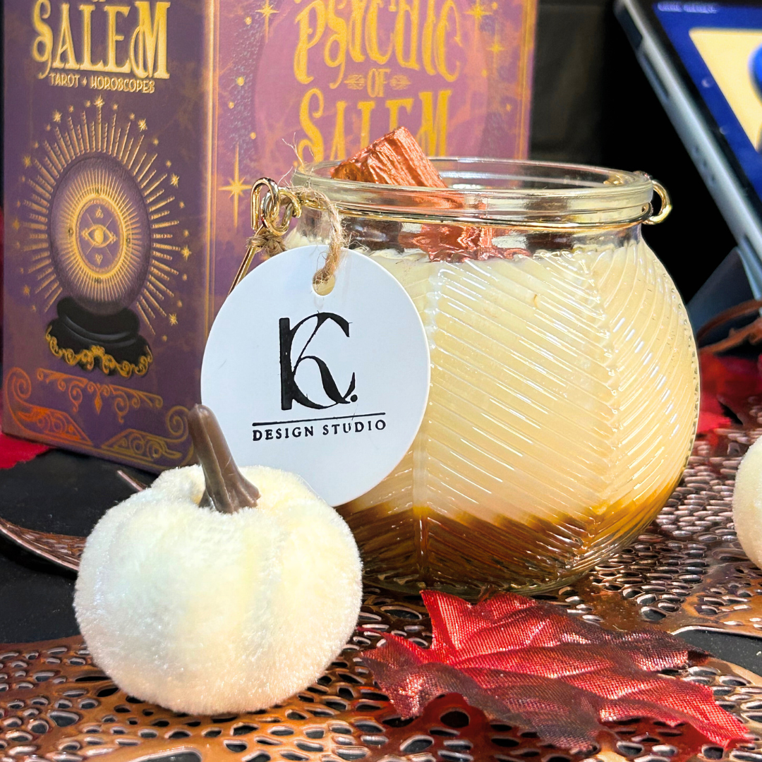 Autumn Roast Candle front view – cappuccino espresso and marshmallow layers with cinnamon stick, brown flower, and two coffee beans, cozy fall décor.