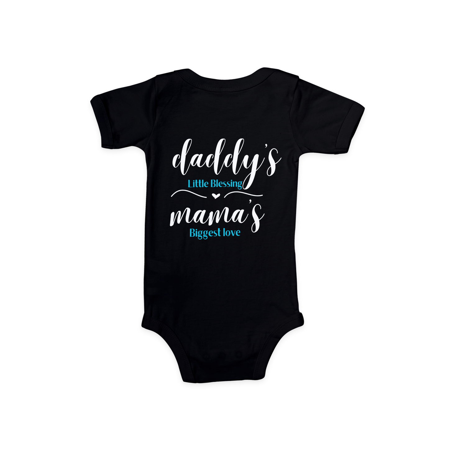 Baby Onesie in black with "Daddy's Little Blessing and Mama's Biggest Love" design, soft cotton for all-day comfort.