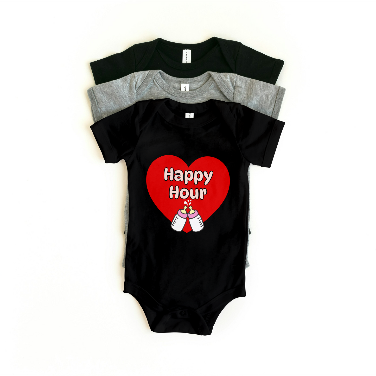 Baby Onesie in black with "Happy Hour" design featuring a red heart and two baby milk bottles, made from soft cotton.