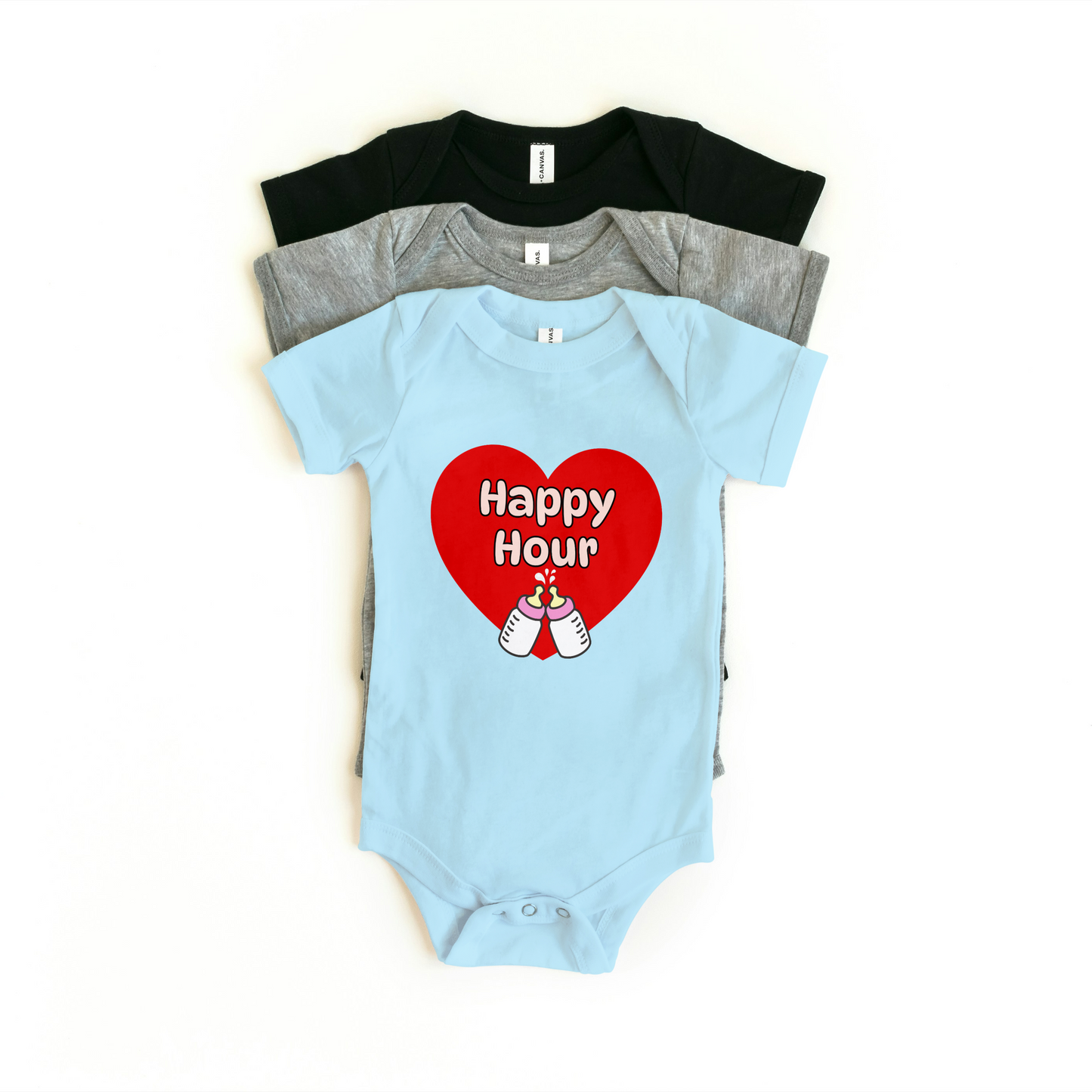 Baby Onesie in blue with "Happy Hour" design, red heart and two milk bottles, soft cotton material for comfort.