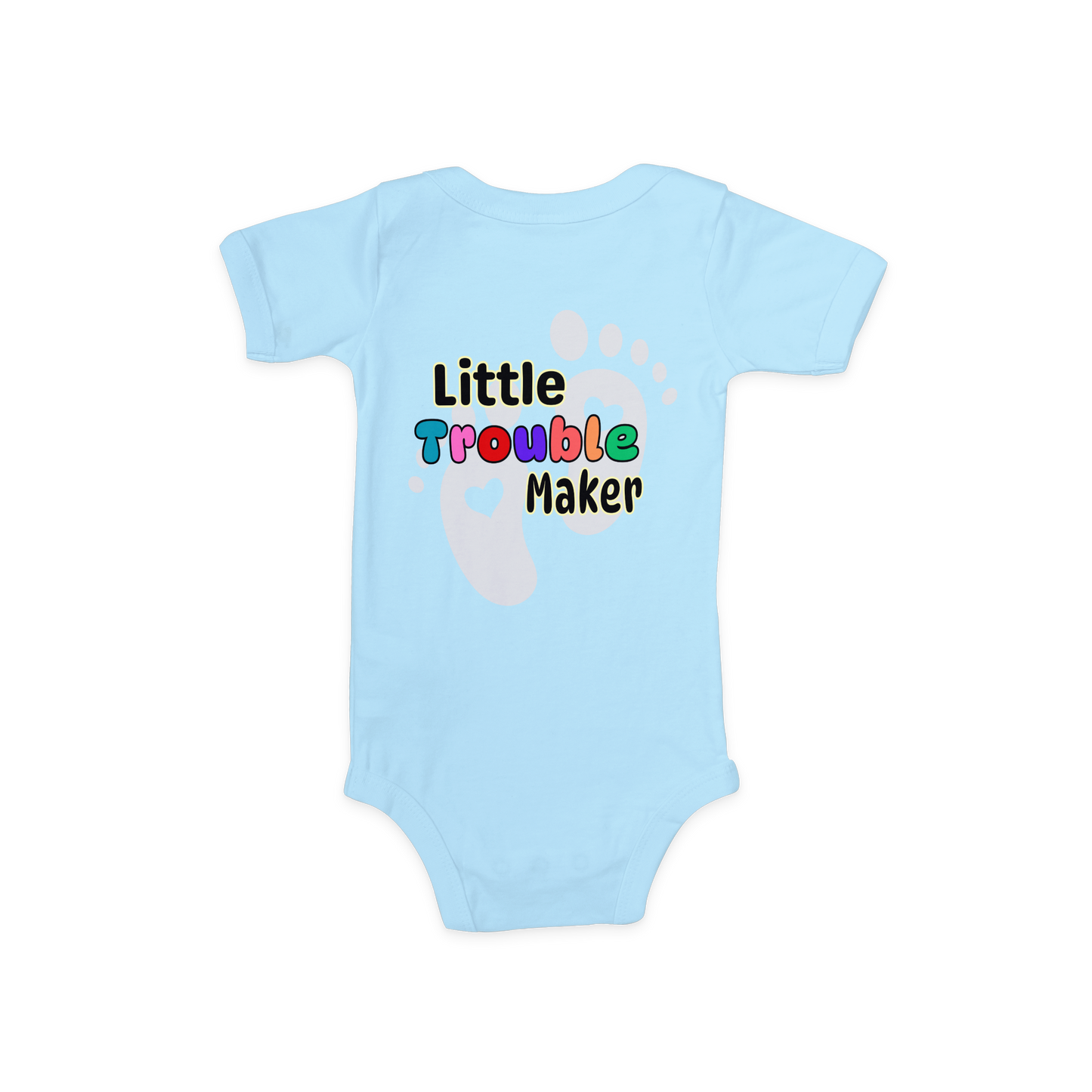 Baby Onesie in light blue with "Trouble Maker" design, made from soft cotton for comfort and easy dressing.