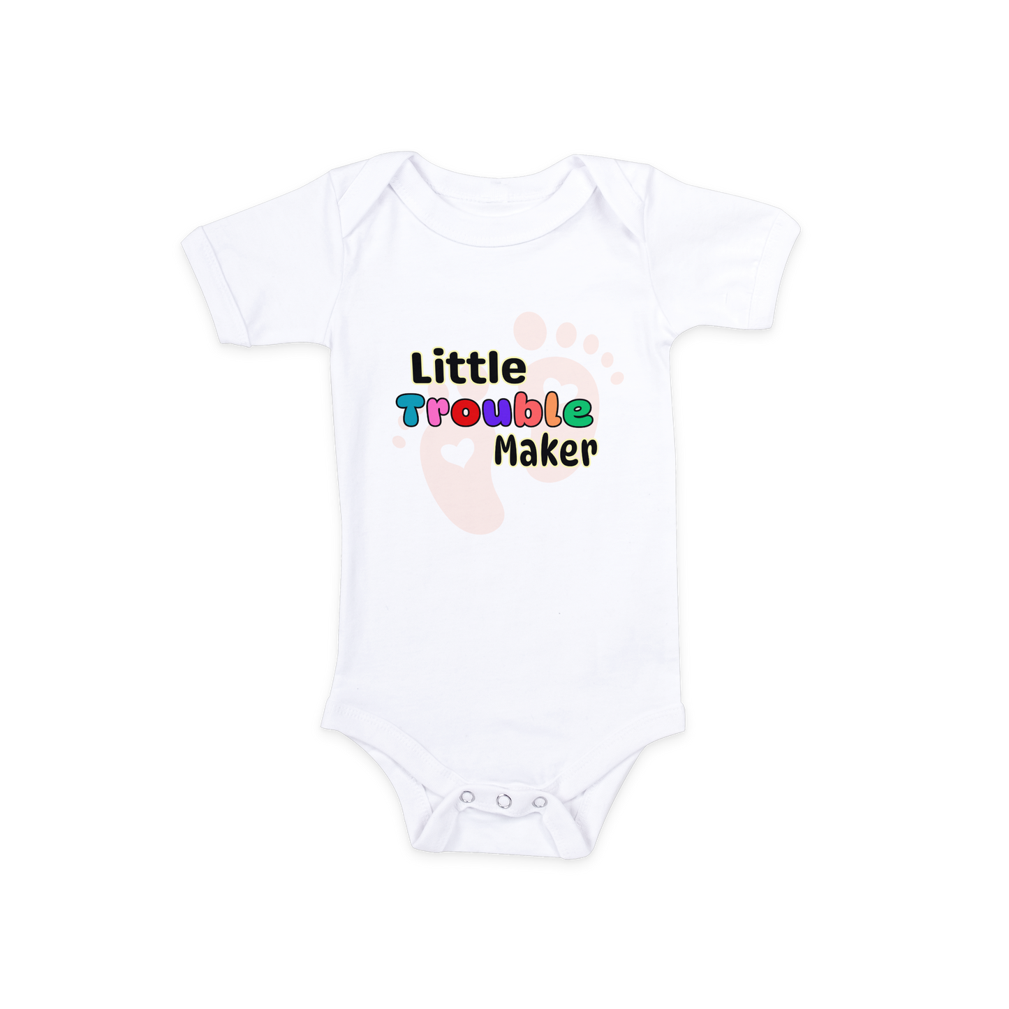 Baby Onesie in white with "Trouble Maker" design, soft cotton for comfort and durability during playtime.