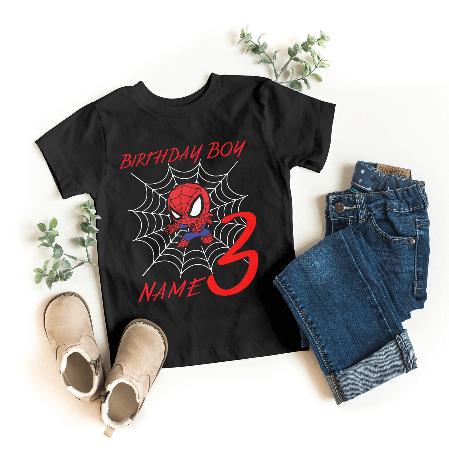 Customizable Spiderman shirt for toddlers with name and number, black color, comfortable fit, and Airlume cotton material.