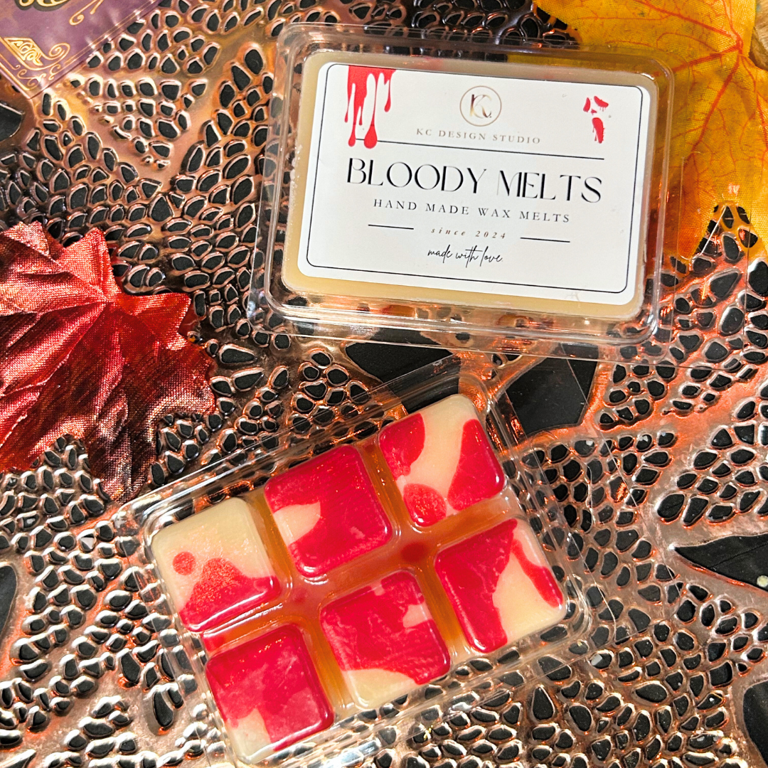 Bloody Melts wax melts packaging and back red view with a decorative background