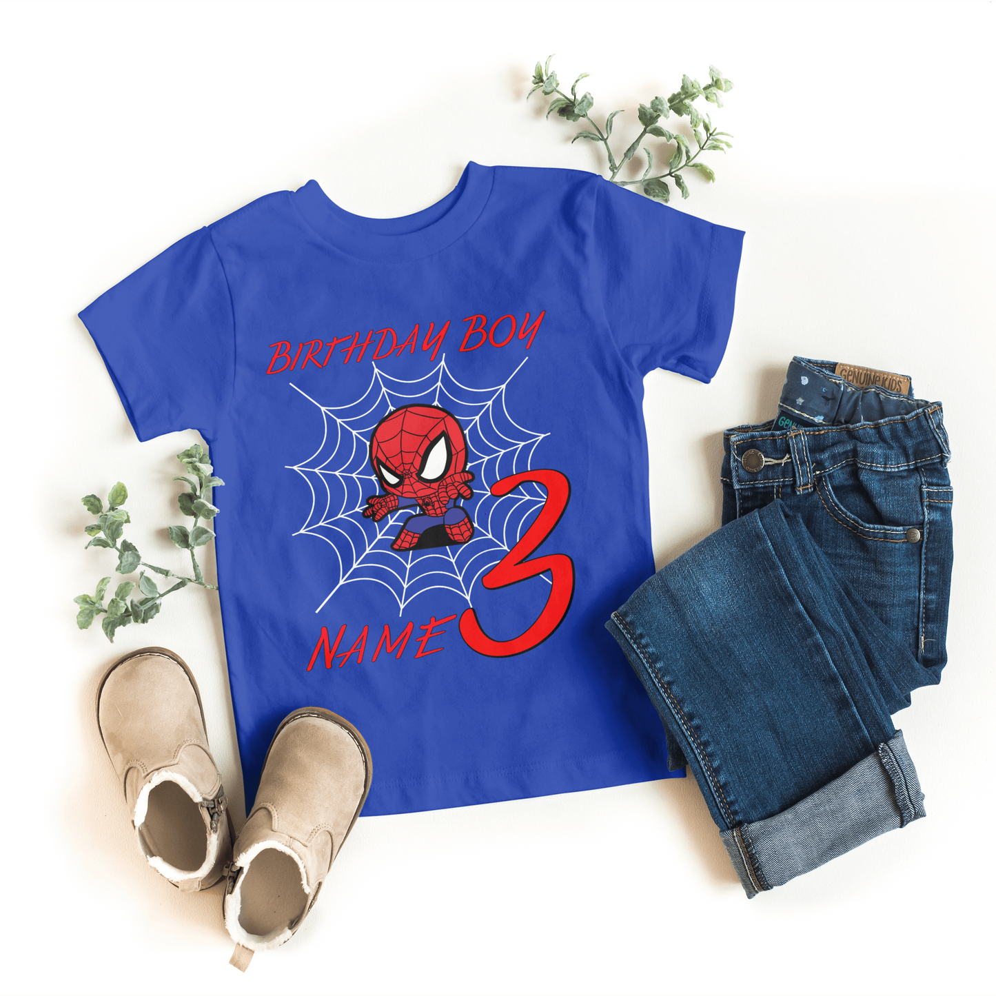 Customizable Spiderman shirt for toddlers with name and number, blue color, comfortable fit, and Airlume cotton material.
