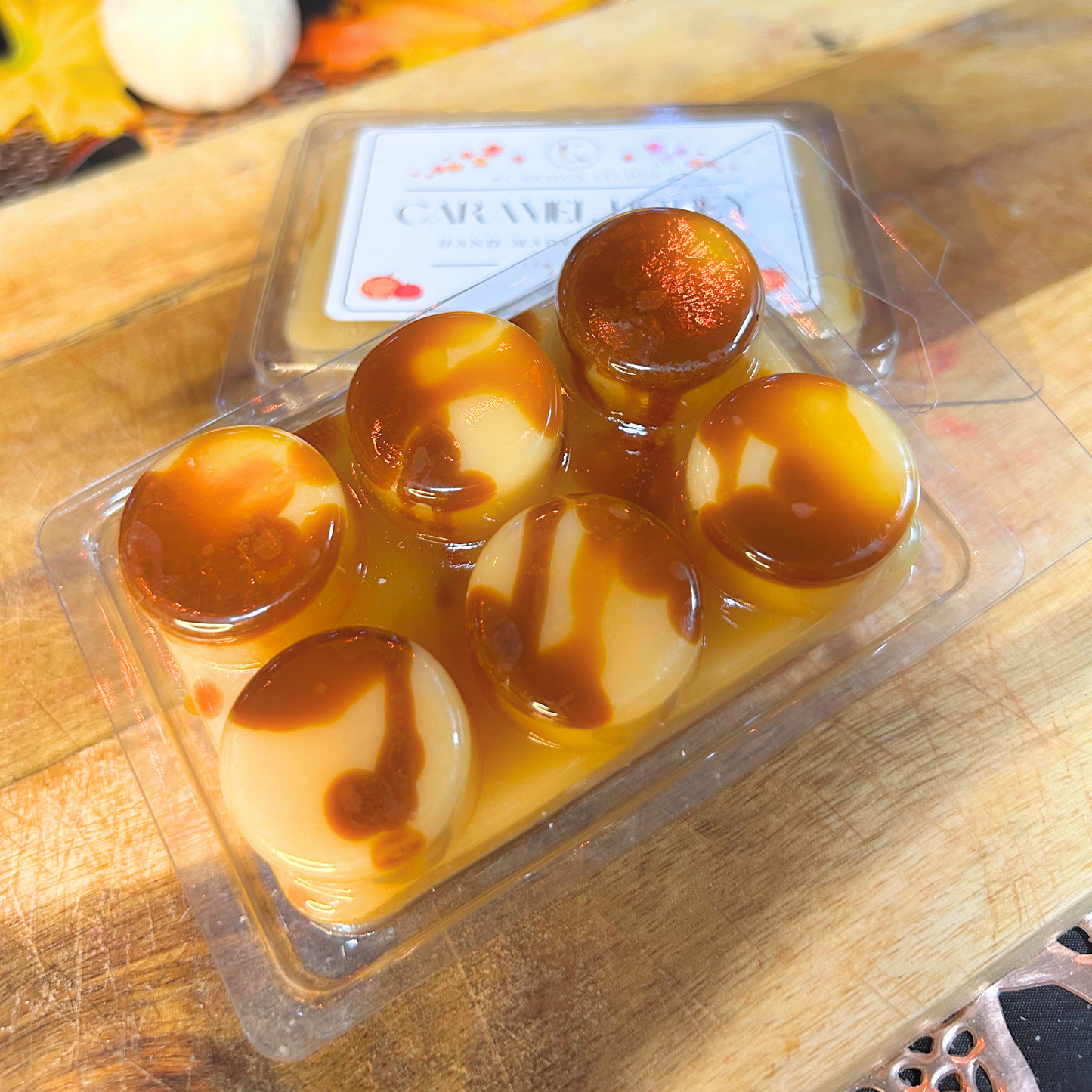 Close-up of Caramel Honey Wax Melt with realistic caramel syrup design, highlighting handcrafted fall wax melts detail.