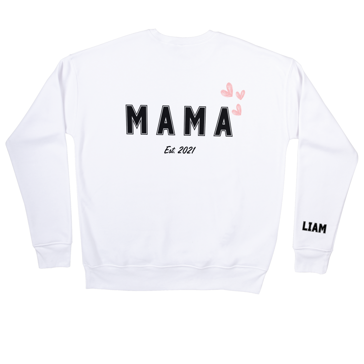 White “mamá” sweatshirt featuring personalized name on the sleeve and birth year underneath.