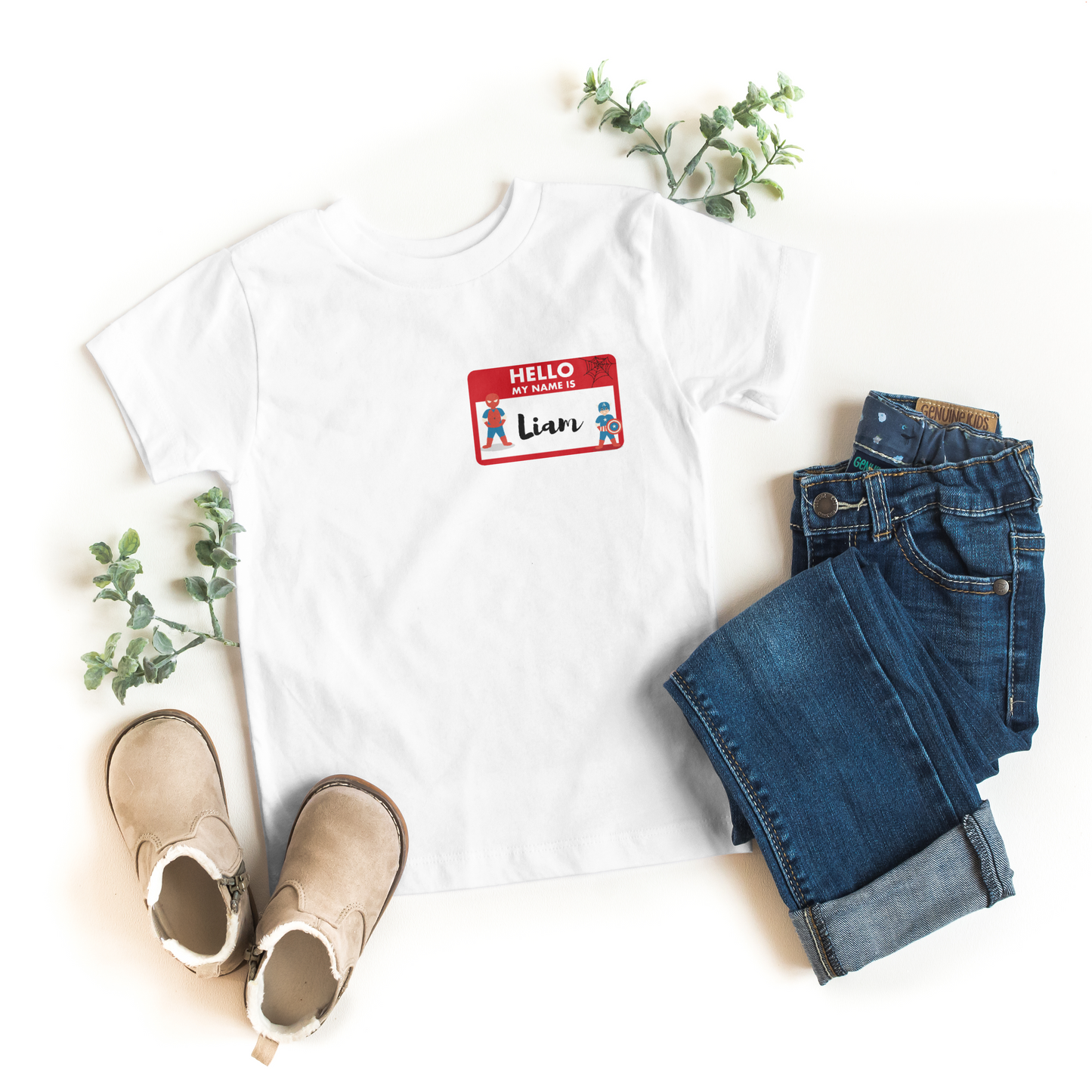 White cotton toddler t-shirt with Spider-Man and Captain America design and personalized name tag.