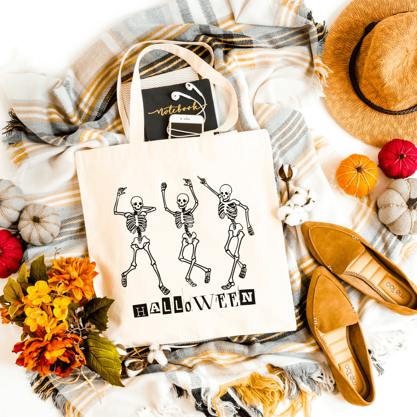 White Dancing Skeleton Halloween tote bag crafted from heavy-duty canvas, ideal for candy hauls and daily use.