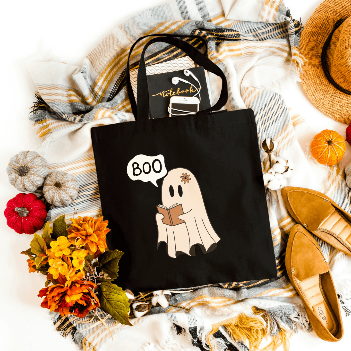 Front view of Boo Halloween Tote in black, made from durable 12oz heavy canvas.