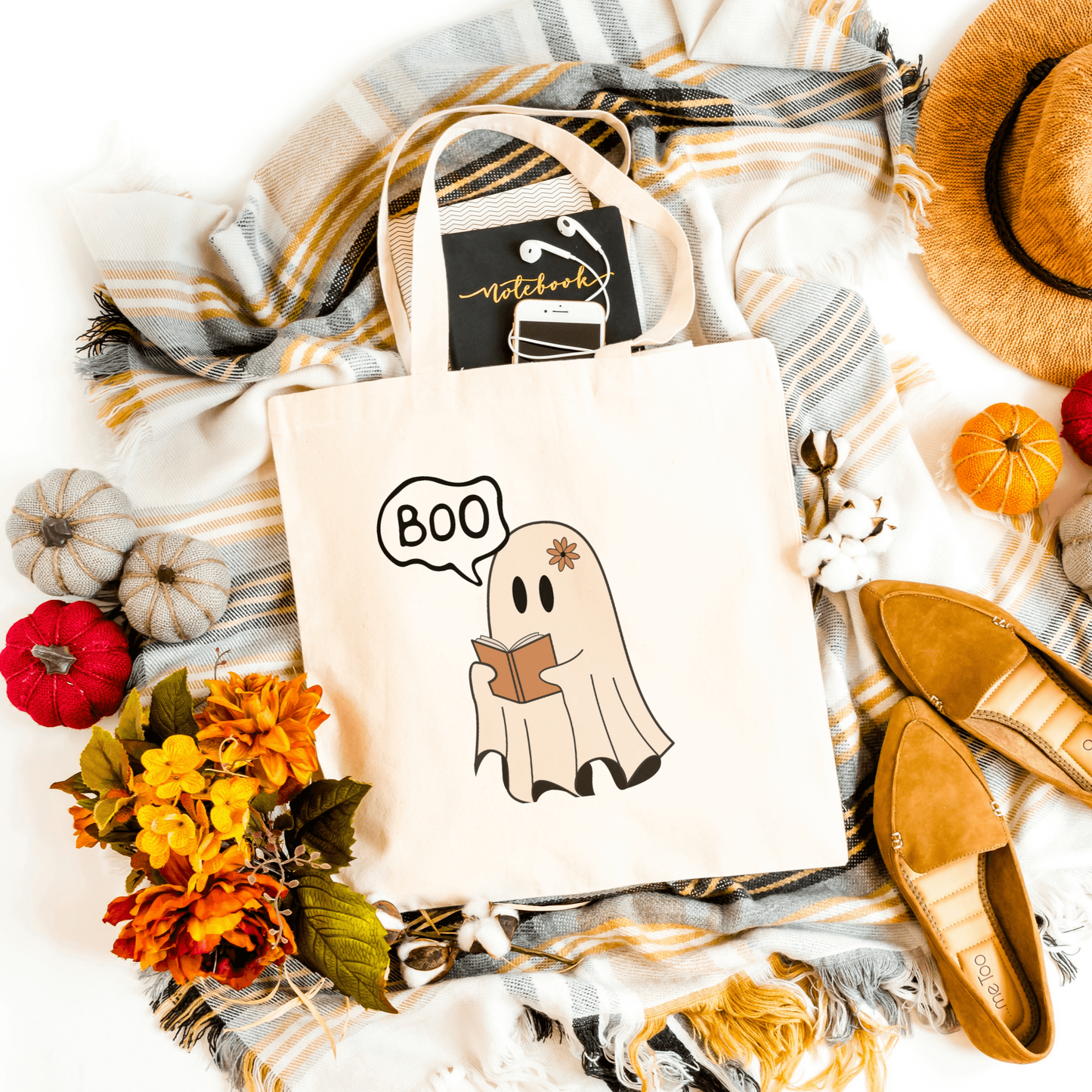 Front view of Boo Halloween Tote in white, perfect for Halloween candy and essentials.