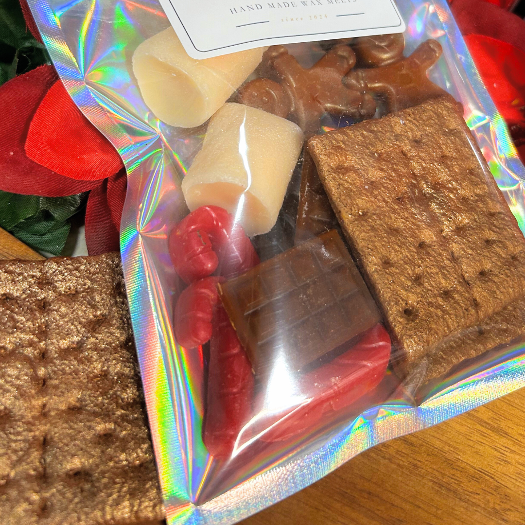 Close-up of Gingerbread Man House Wax Melts showing detailed textures of the gingerbread men and candy canes, highlighting the smooth soy wax finish and holiday-inspired shapes.