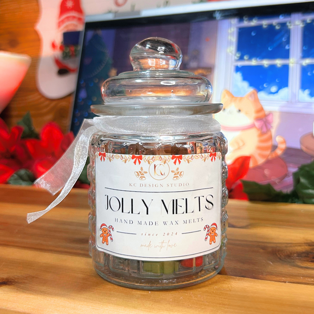 Front view of Jolly Melts wax melts in a sealed glass candy jar with red and green holiday colors.