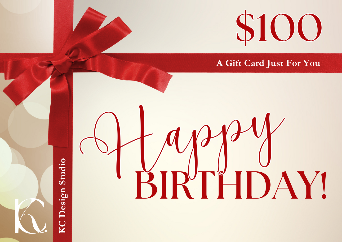 KC Design Studio $100 Happy Birthday Gift Card showcasing a bright gold design with a red bow.