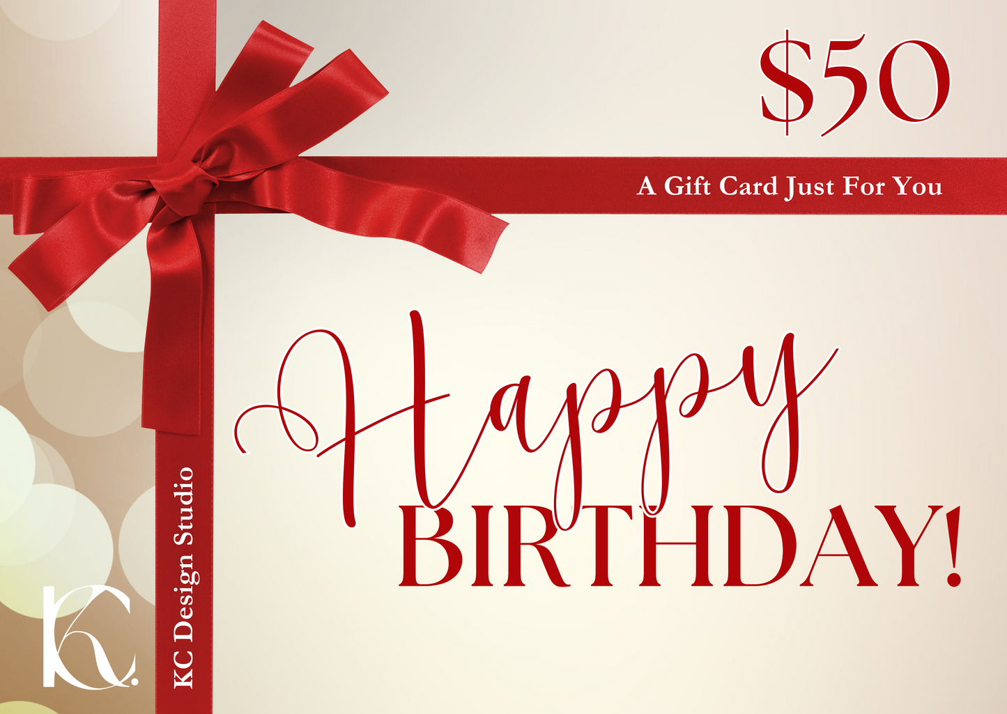 KC Design Studio $50 Happy Birthday Gift Card featuring a sparkling gold design and red bow.