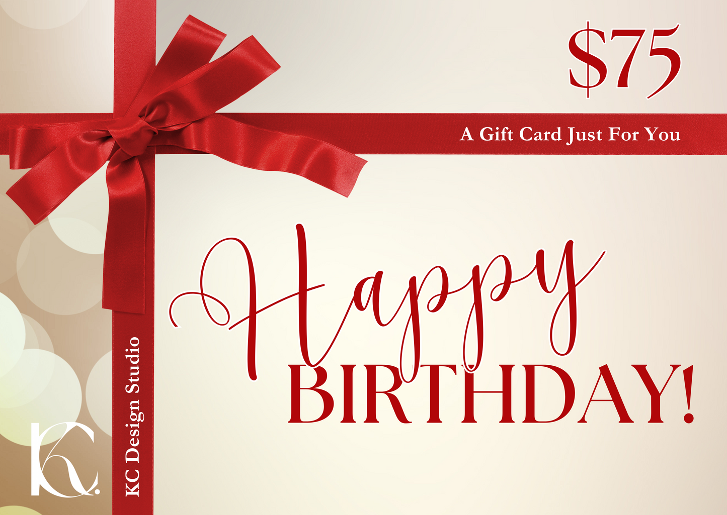 KC Design Studio $75 Happy Birthday Gift Card with a luxurious golden background and festive red bow.