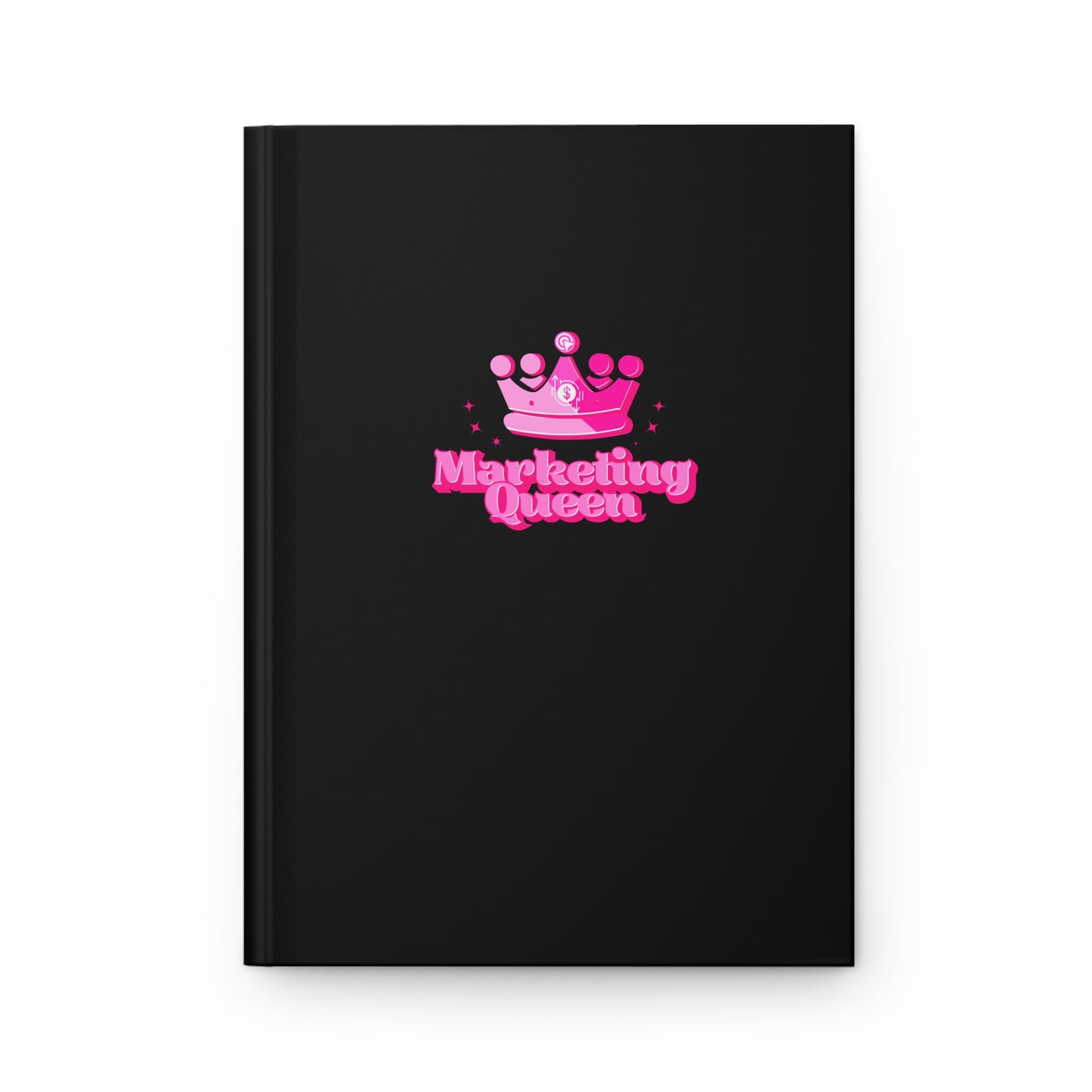 Black notebook with pink "Marketing Queen" design on a white background