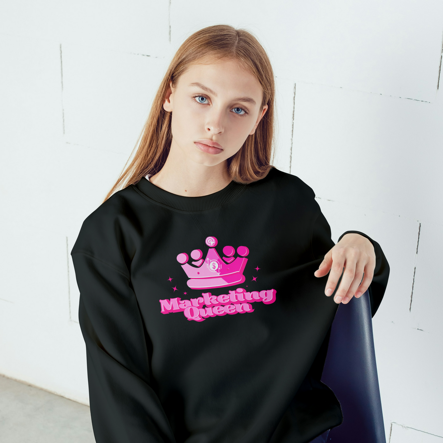 Marketing Queen long sleeve t-shirt in black – bold pink graphic, part of the Marketing Girly Collection, perfect for work or casual wear.