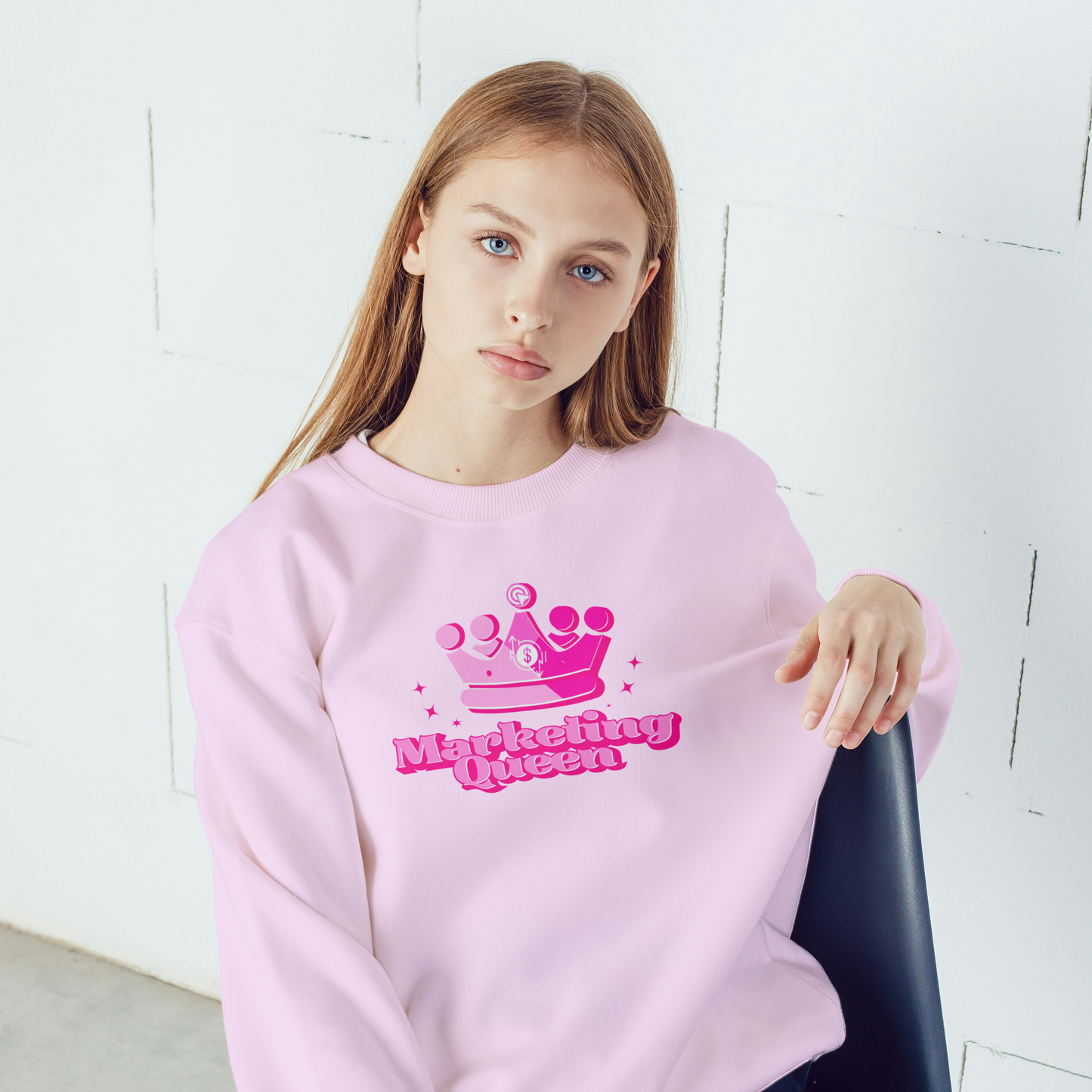 Marketing Queen long sleeve t-shirt in pink – bold pink graphic, Marketing Girly Collection, cozy and stylish for marketing professionals.