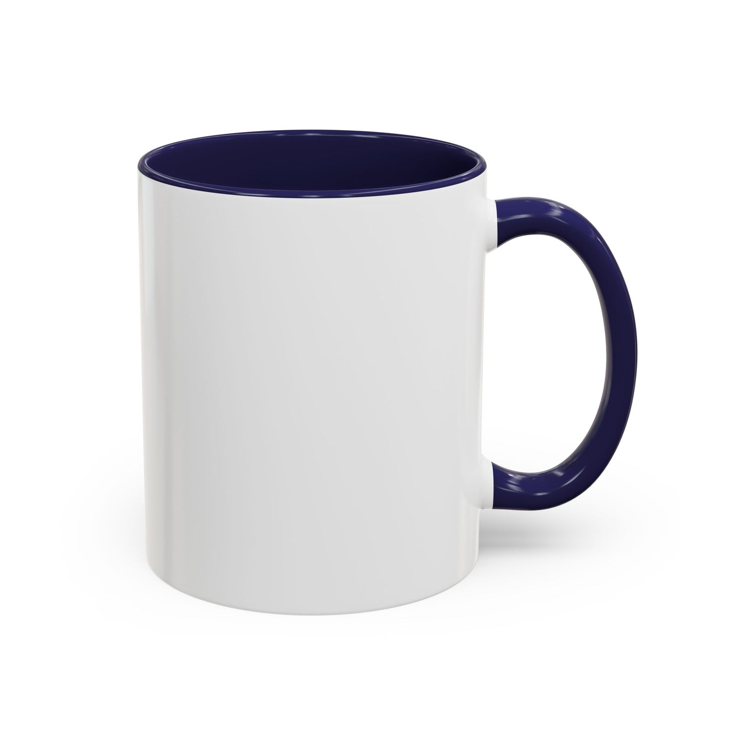 White mug with a dark blue interior and handle on a white background