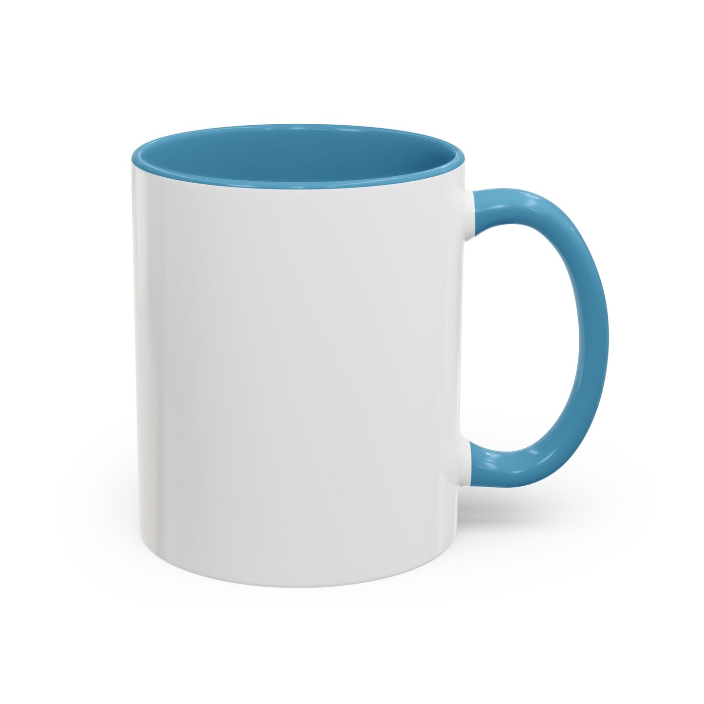 White mug with light blue interior and handle on a white background