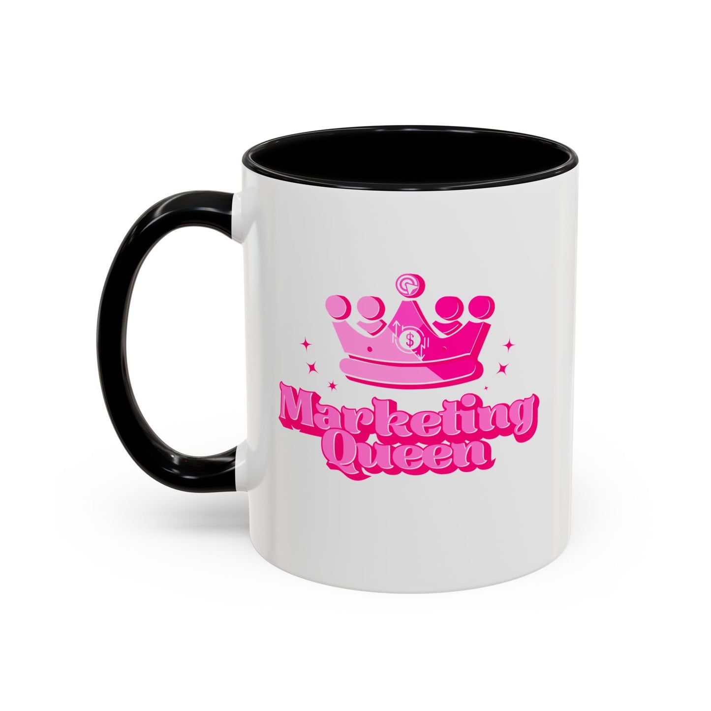White mug with black handle featuring a pink crown and "Marketing Queen" text on a white background