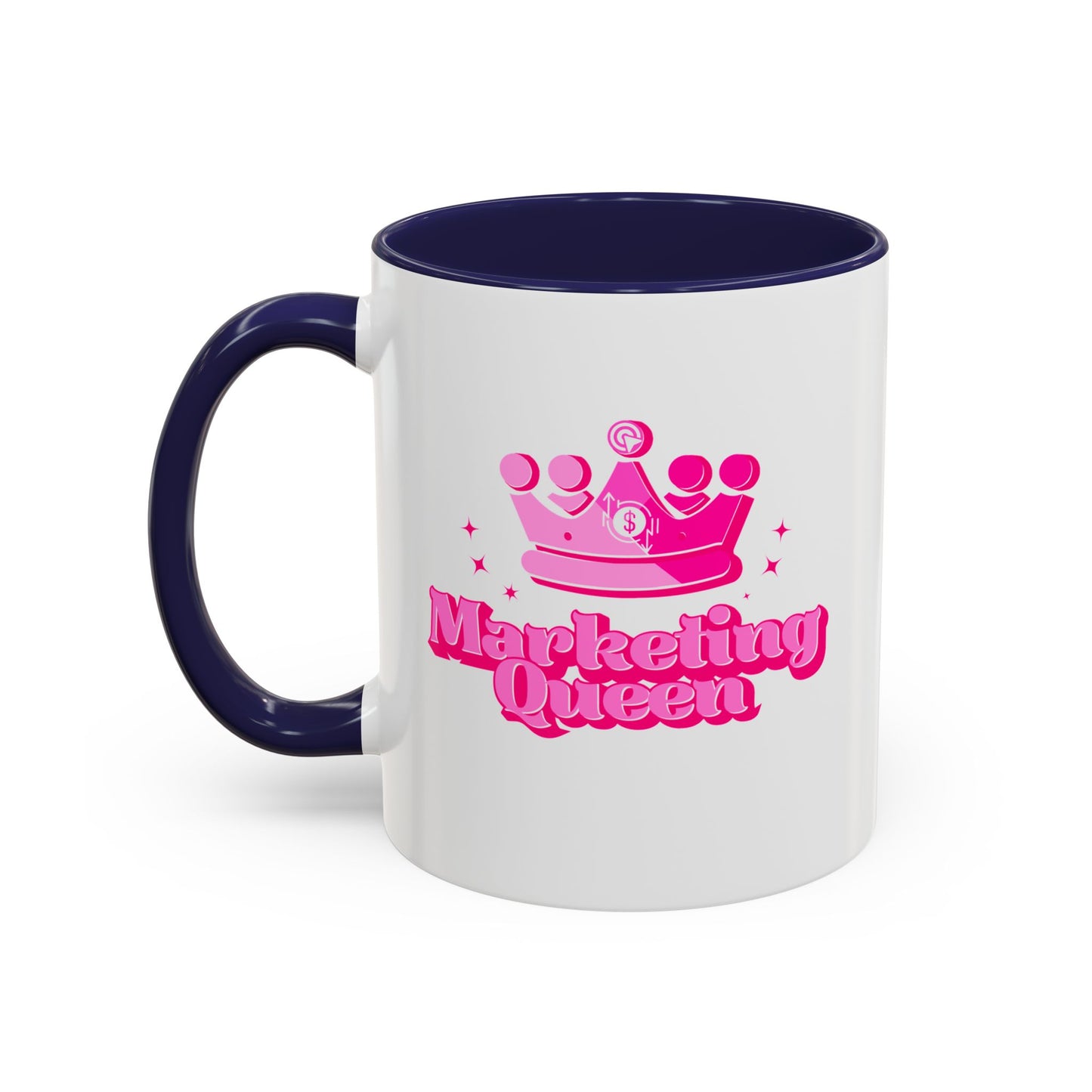 White mug with navy handle and interior, featuring a pink crown and "Marketing Queen" text.