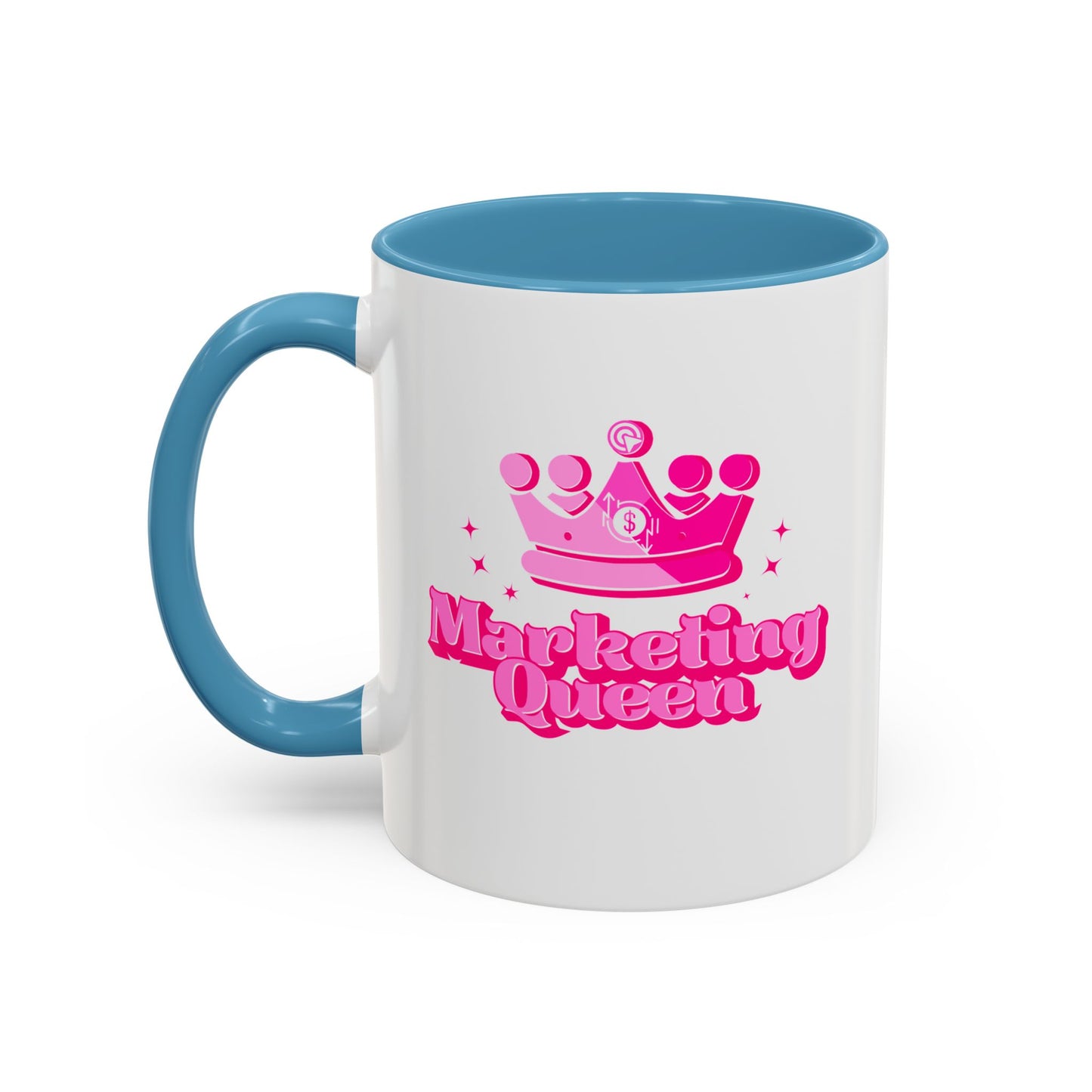 Mug with light blue interior with 'Marketing Queen' text and pink crown design on a white background