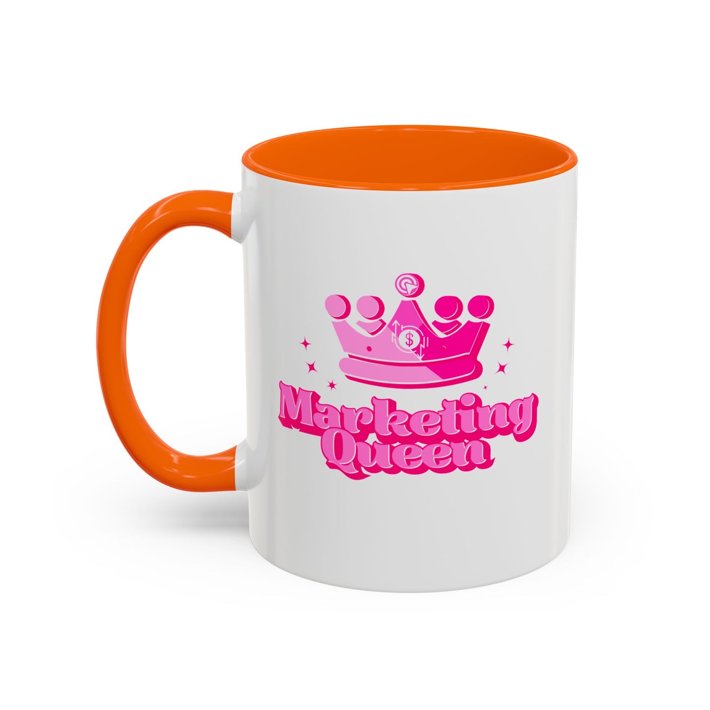 Mug with 'Marketing Queen' text and pink crown design on a white background