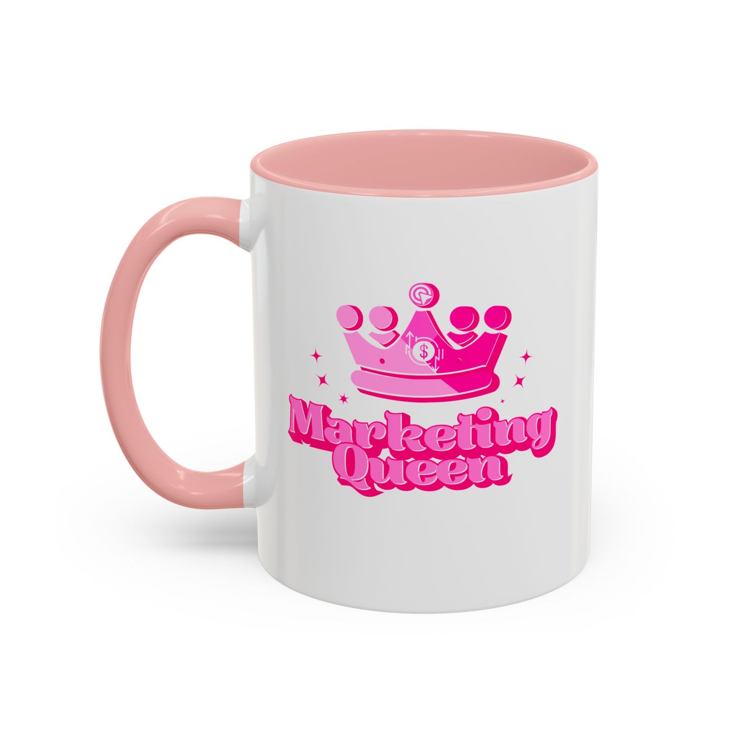 White mug with pink interior and handle, featuring a pink crown and 'Marketing Queen' text on a white background.