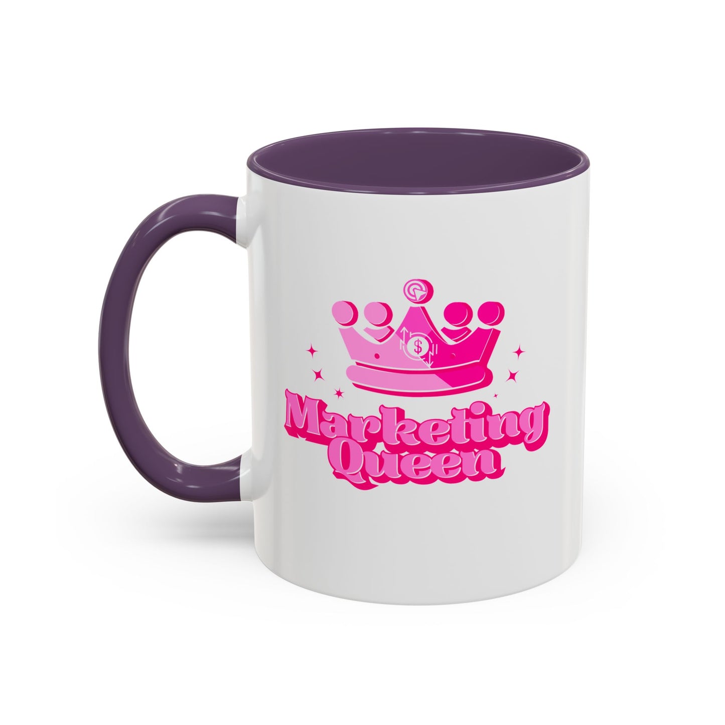 Mug with 'Marketing Queen' text and pink crown design on a white background