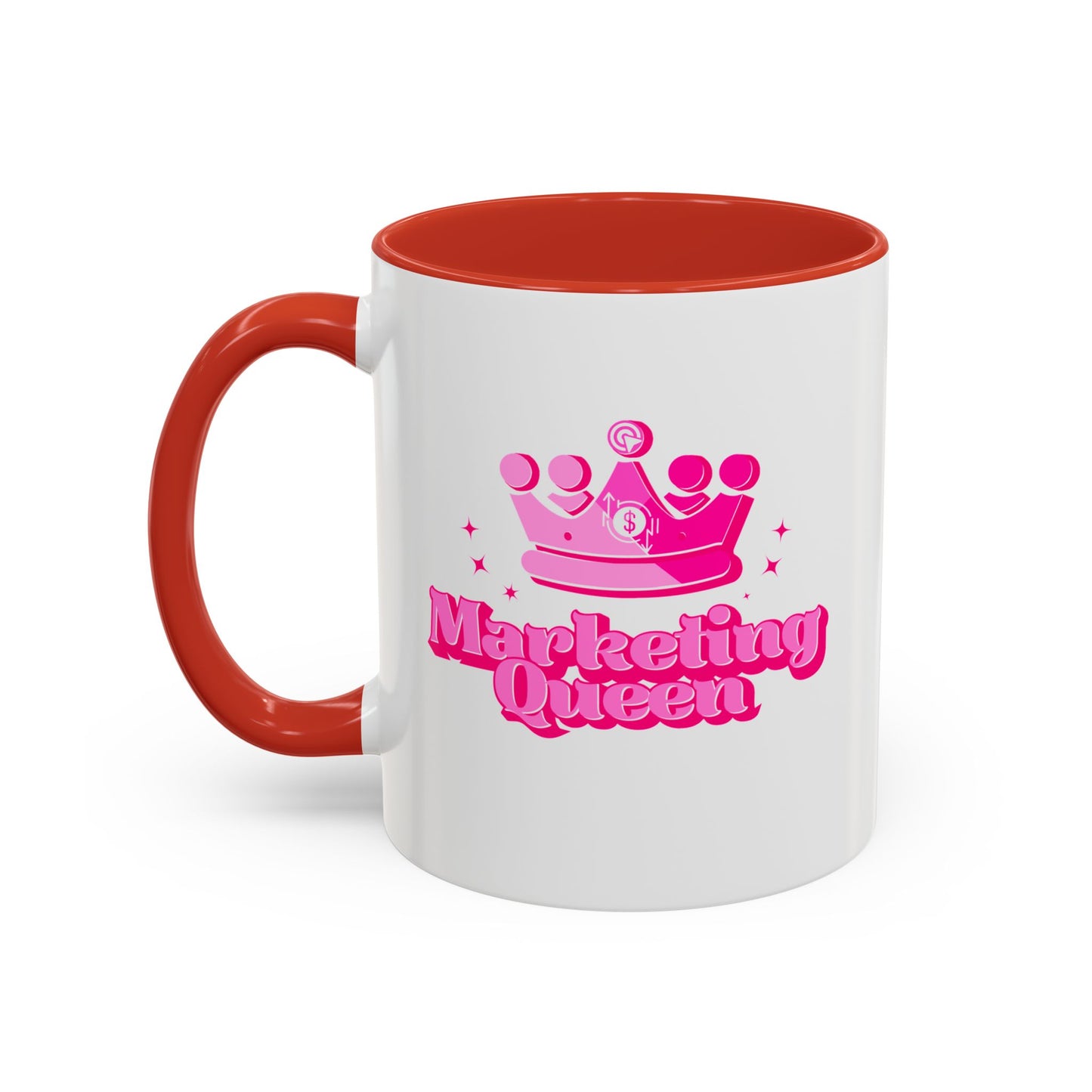 Mug with red interior with 'Marketing Queen' text and pink crown design on a white background