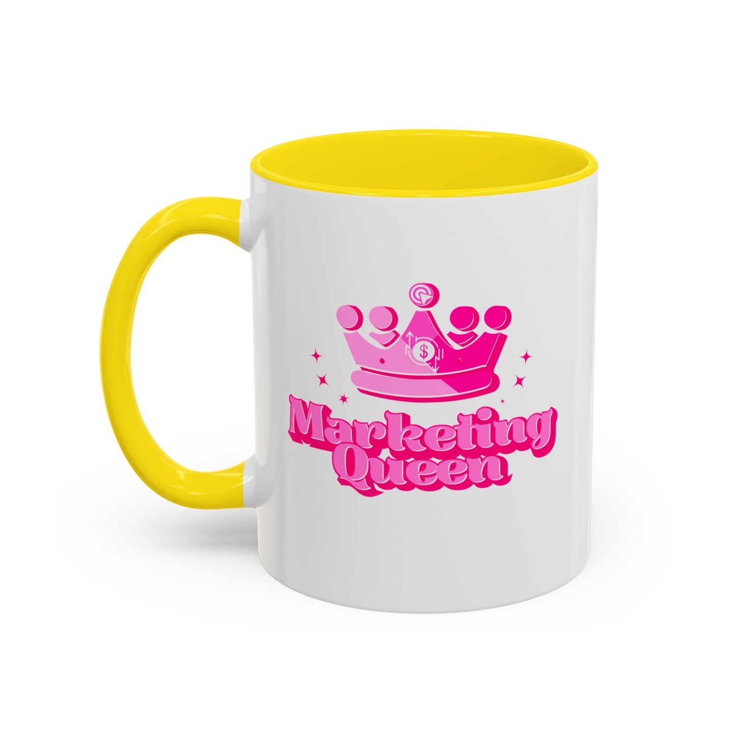 Mug with 'Marketing Queen' text and pink crown design on a white background