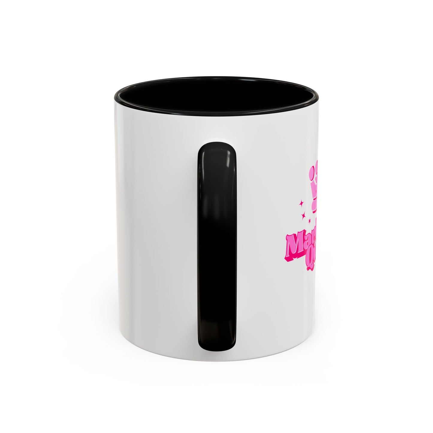 White mug with black interior and handle, featuring pink text on a white background