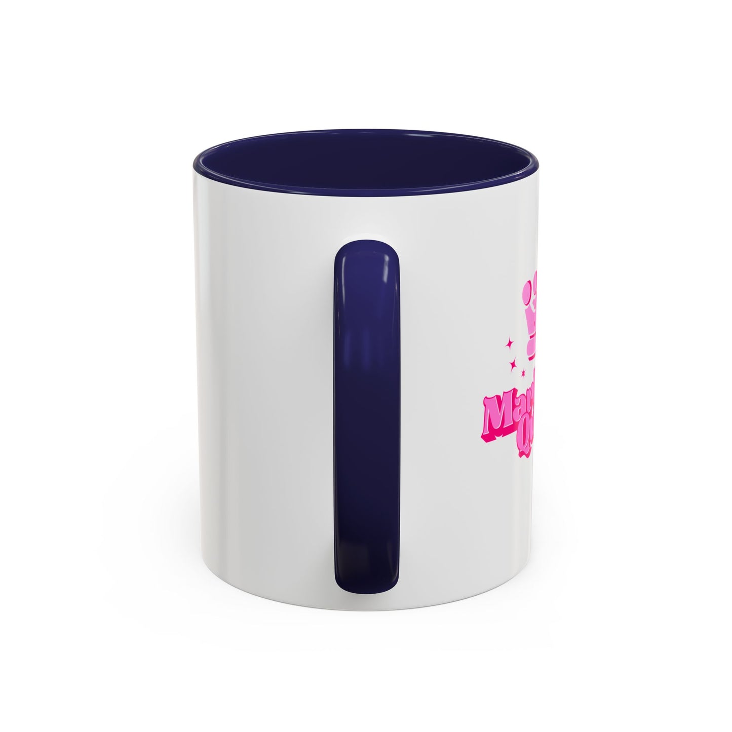 White mug with a blue handle and interior, featuring pink text on a white background