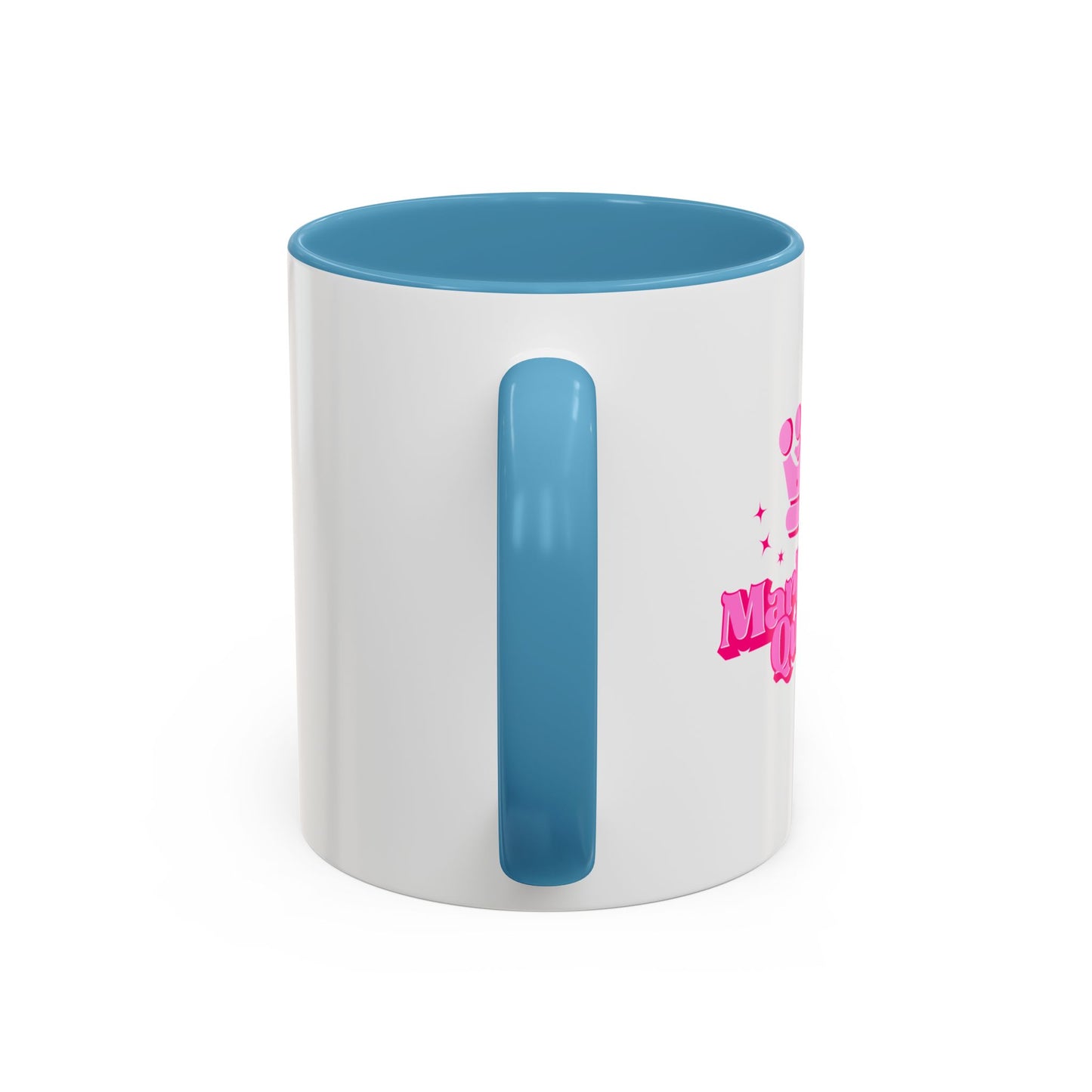 White mug with blue interior and handle, featuring pink text on a white background