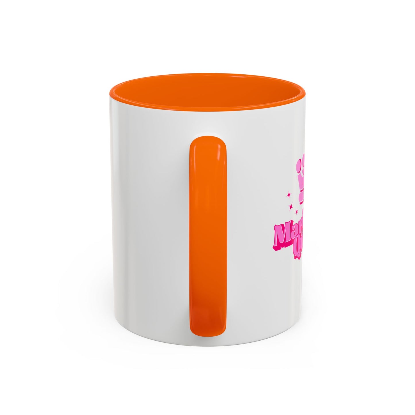 White mug with orange interior and handle on a white background