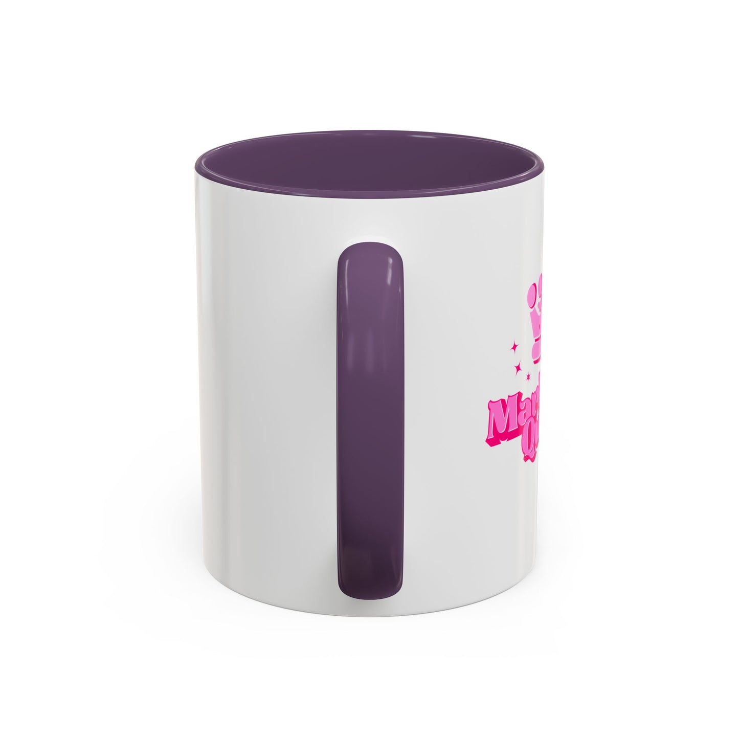White mug with purple interior and handle, featuring pink text on a white background