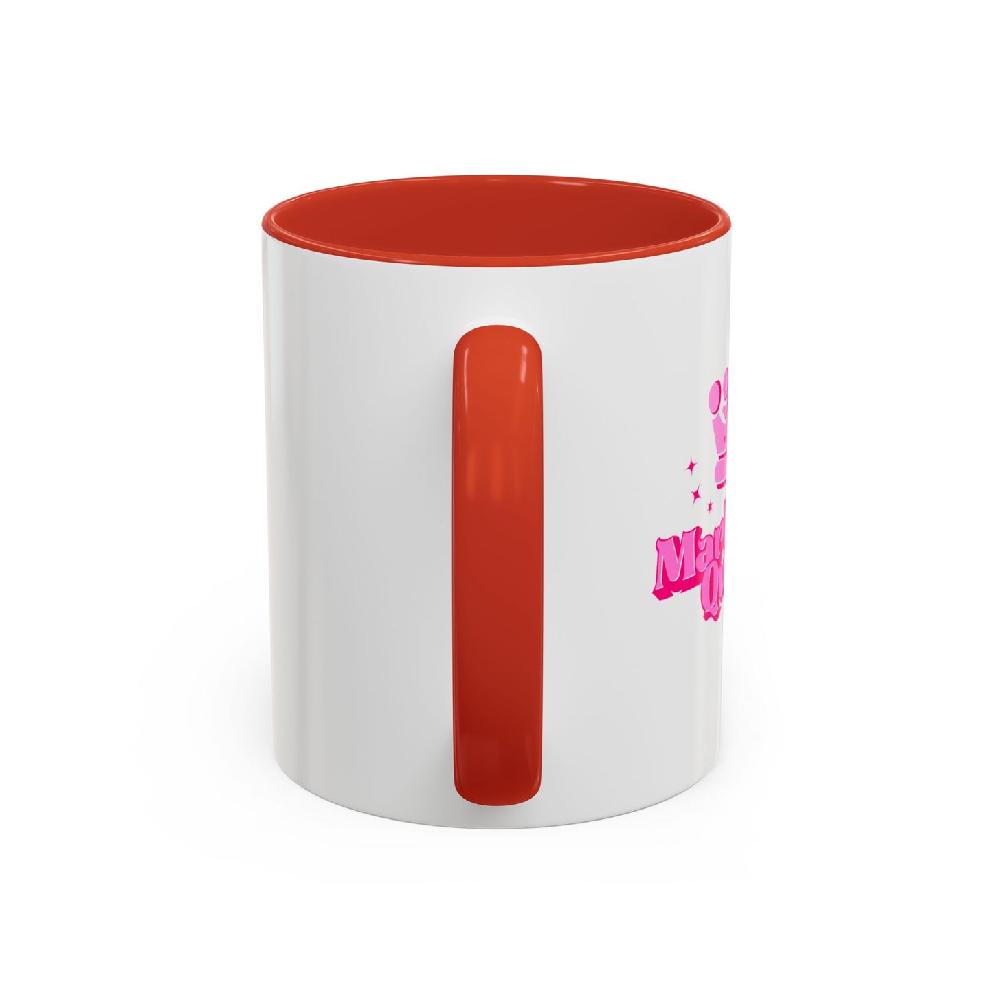 White mug with red interior and handle, featuring pink text on a white background