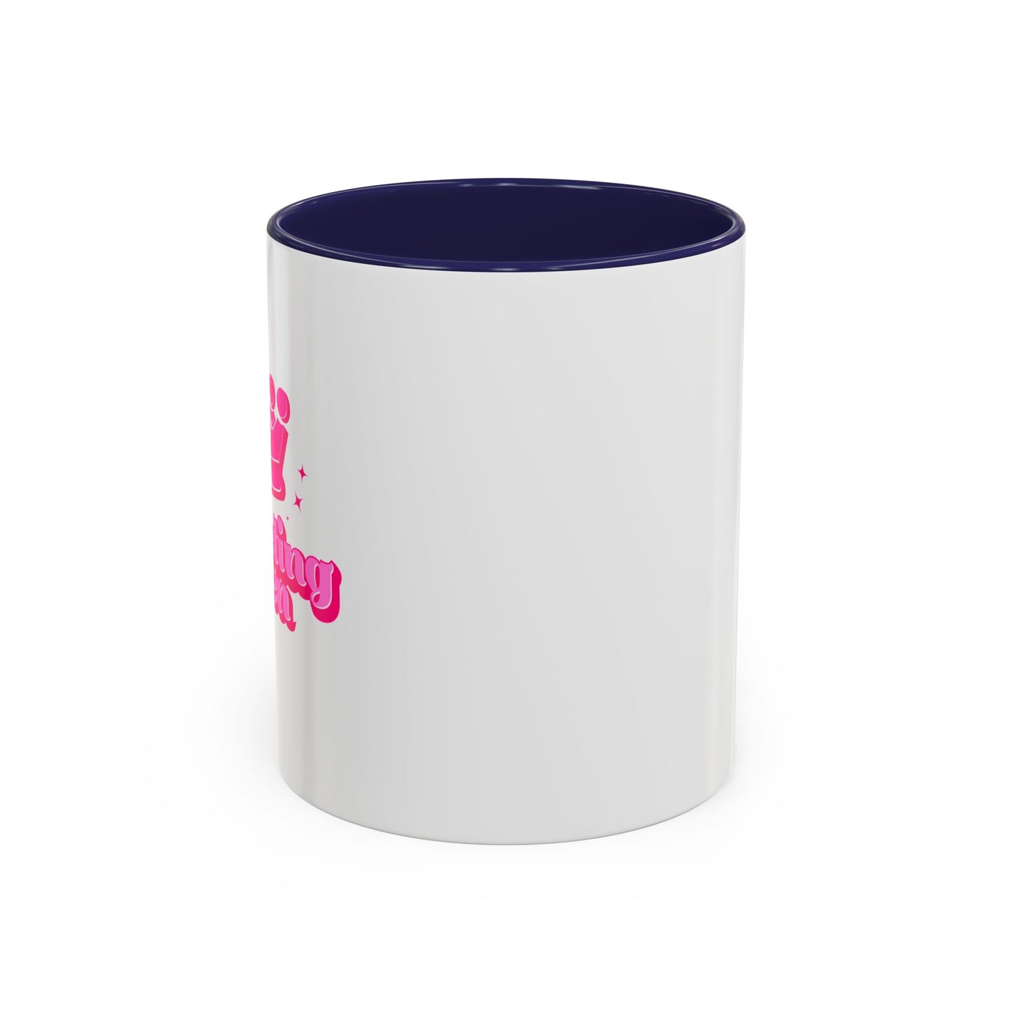 White mug with pink text and navy interior on a white background
