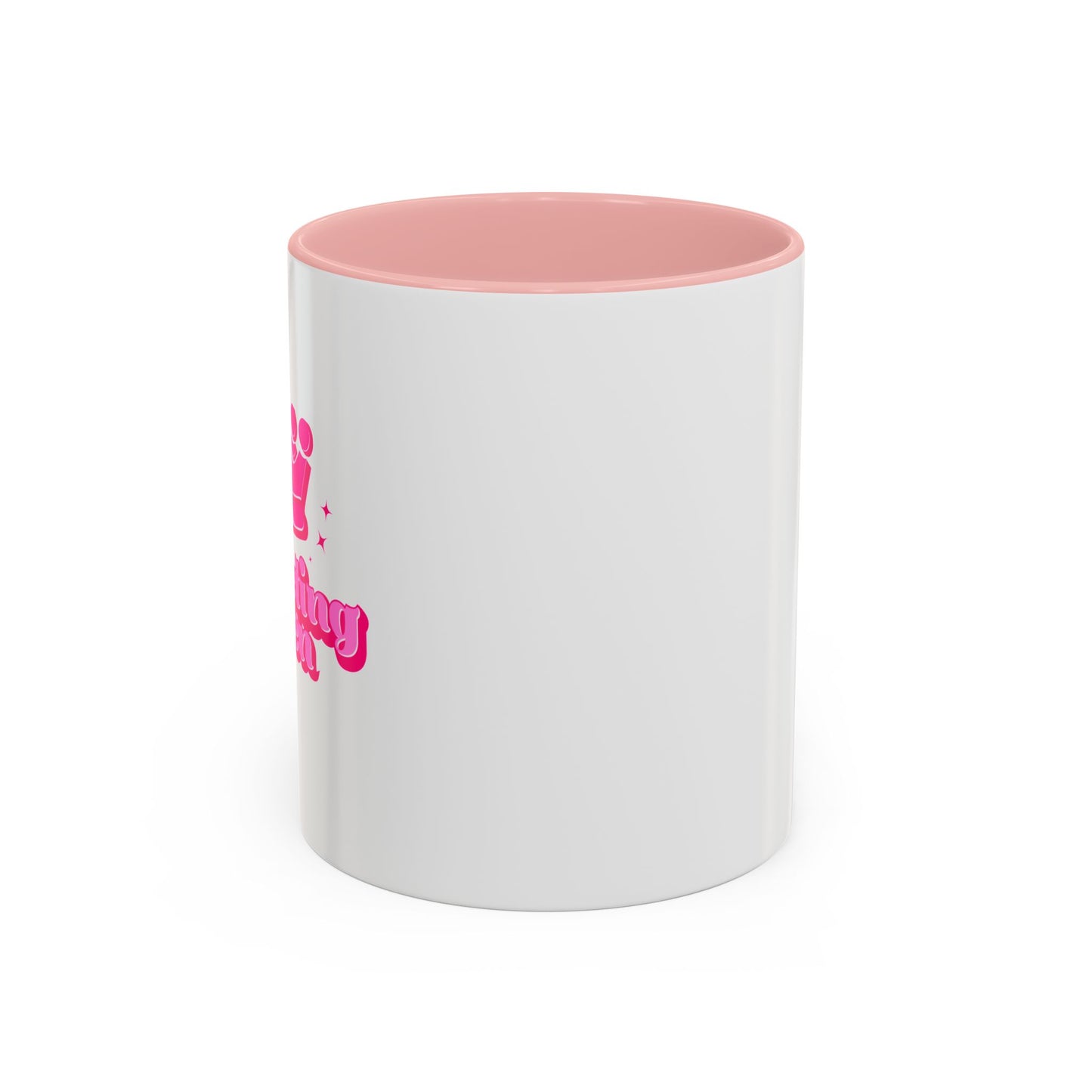 White mug with pink interior and handle on a white background