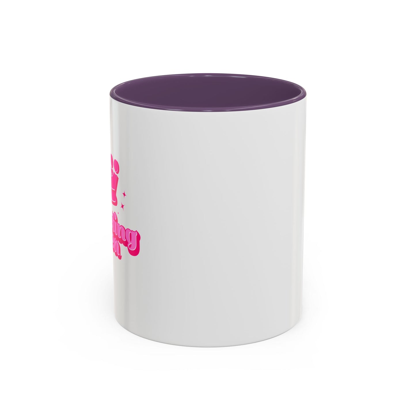 White mug with purple interior and pink text on a white background