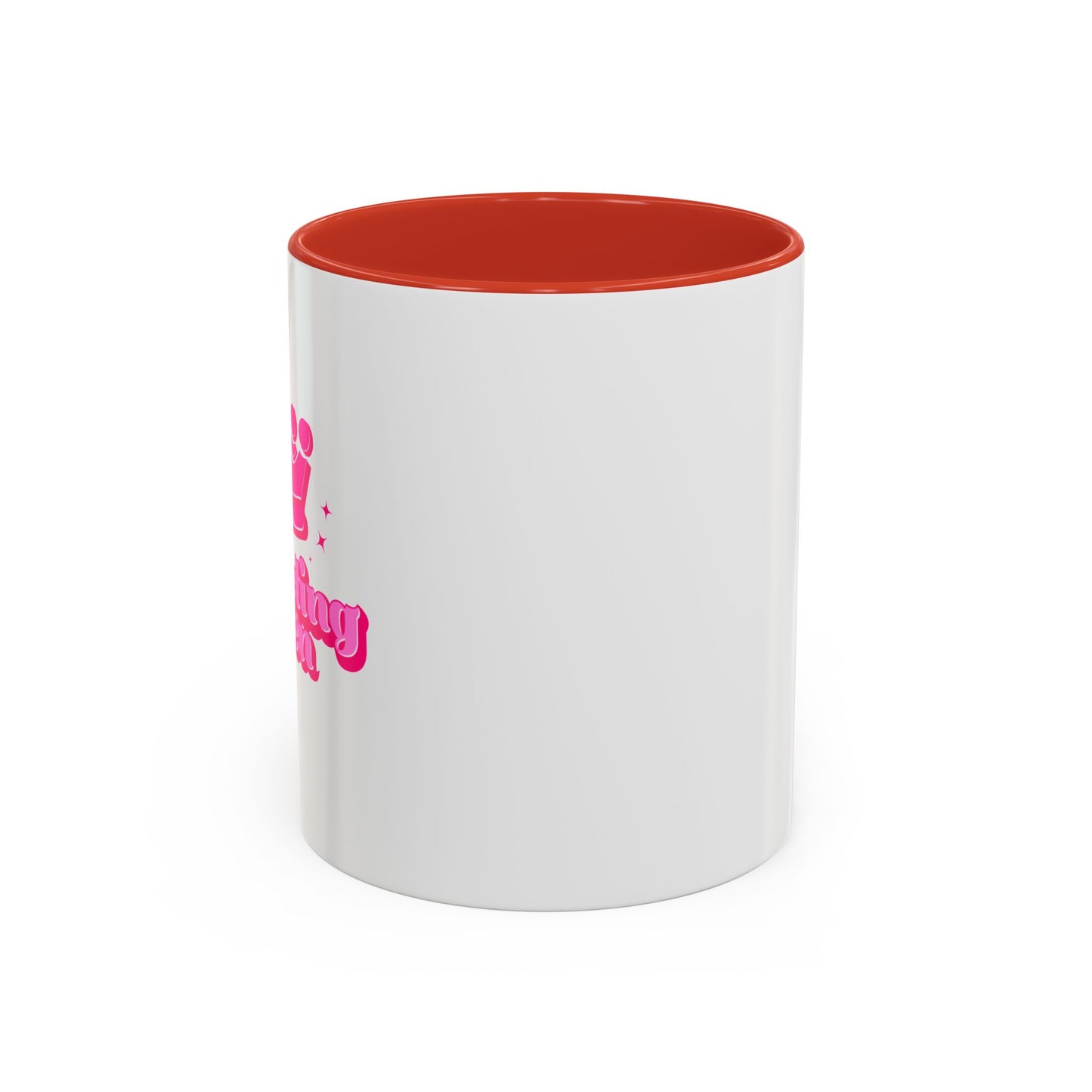 White mug with red interior and pink text on a white background
