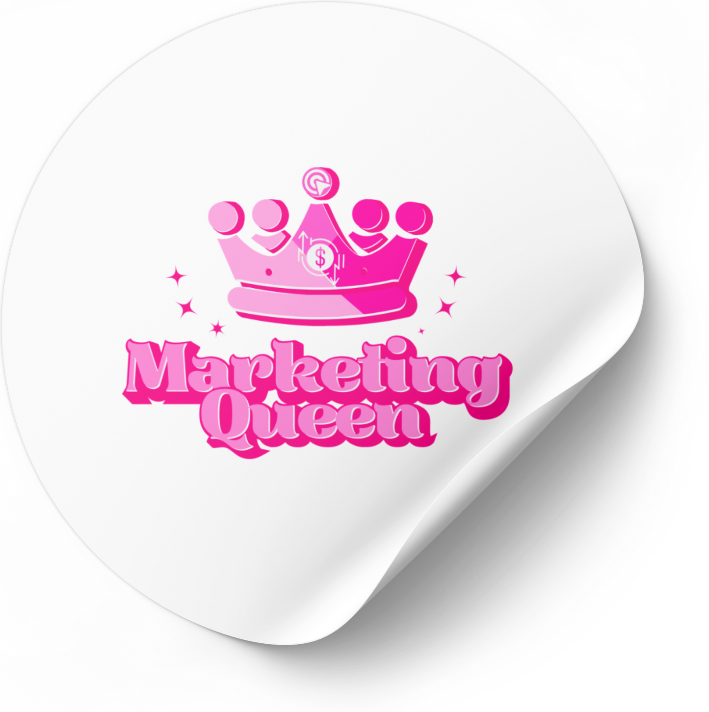 Round Marketing Queen sticker with white background – bold pink font and crown, perfect for laptops, journals, and small business owners.