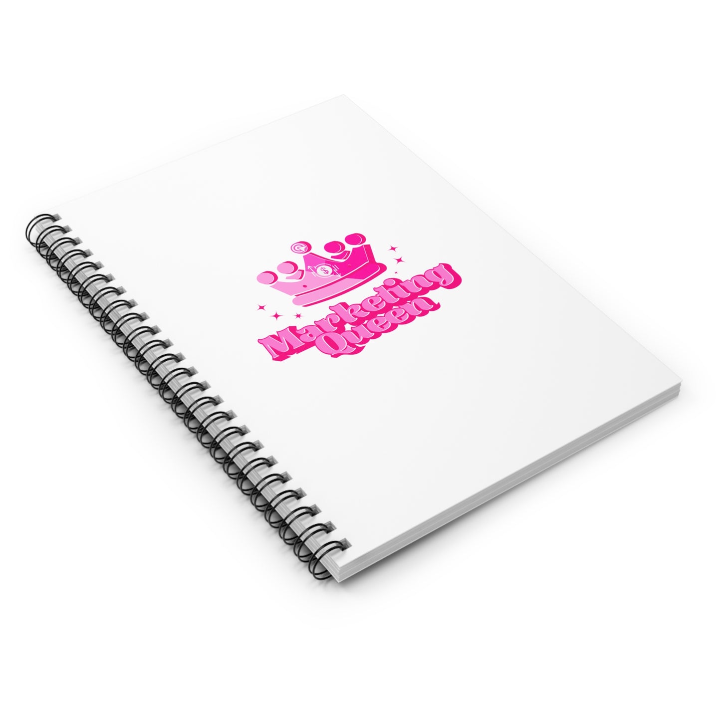 Marketing Queen Spiral Notebook laying flat on white surface – vibrant crown motif, ruled pages, metal spiral binding, perfect for school or office use.