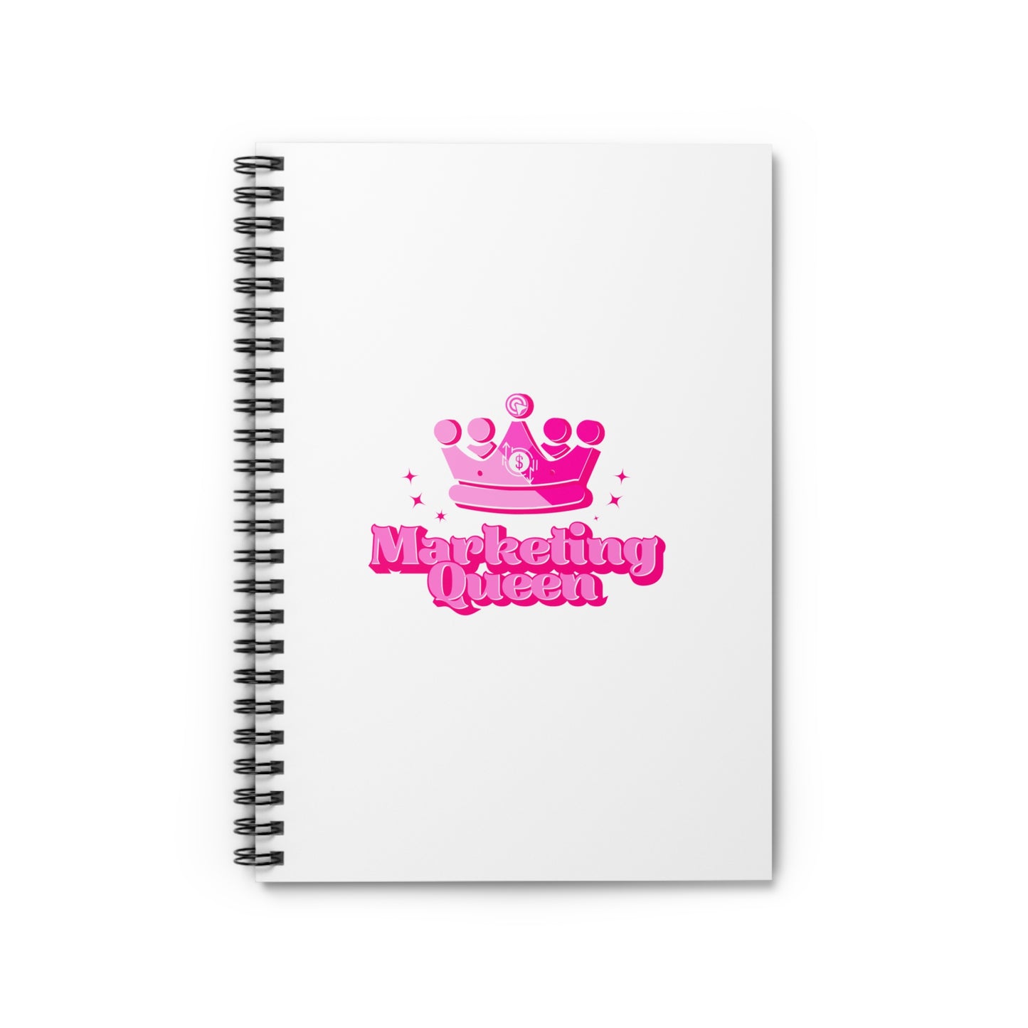 Top-down view of Marketing Queen Spiral Notebook on white background – crown design, 118 ruled pages, compact 6x8 inches, ideal for writing and note-taking.