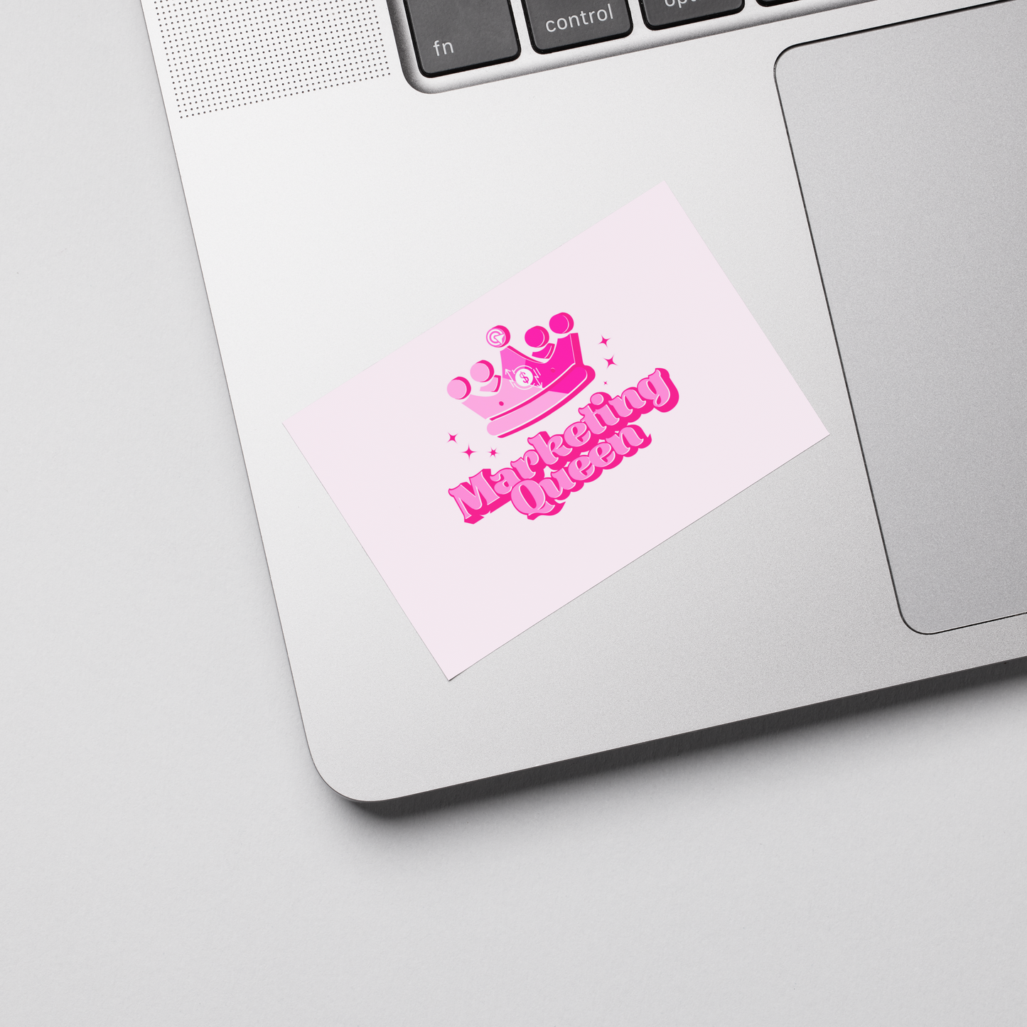 Square Marketing Queen sticker with pink background on a laptop – bold pink lettering, crown, and marketing icons for marketing lovers.