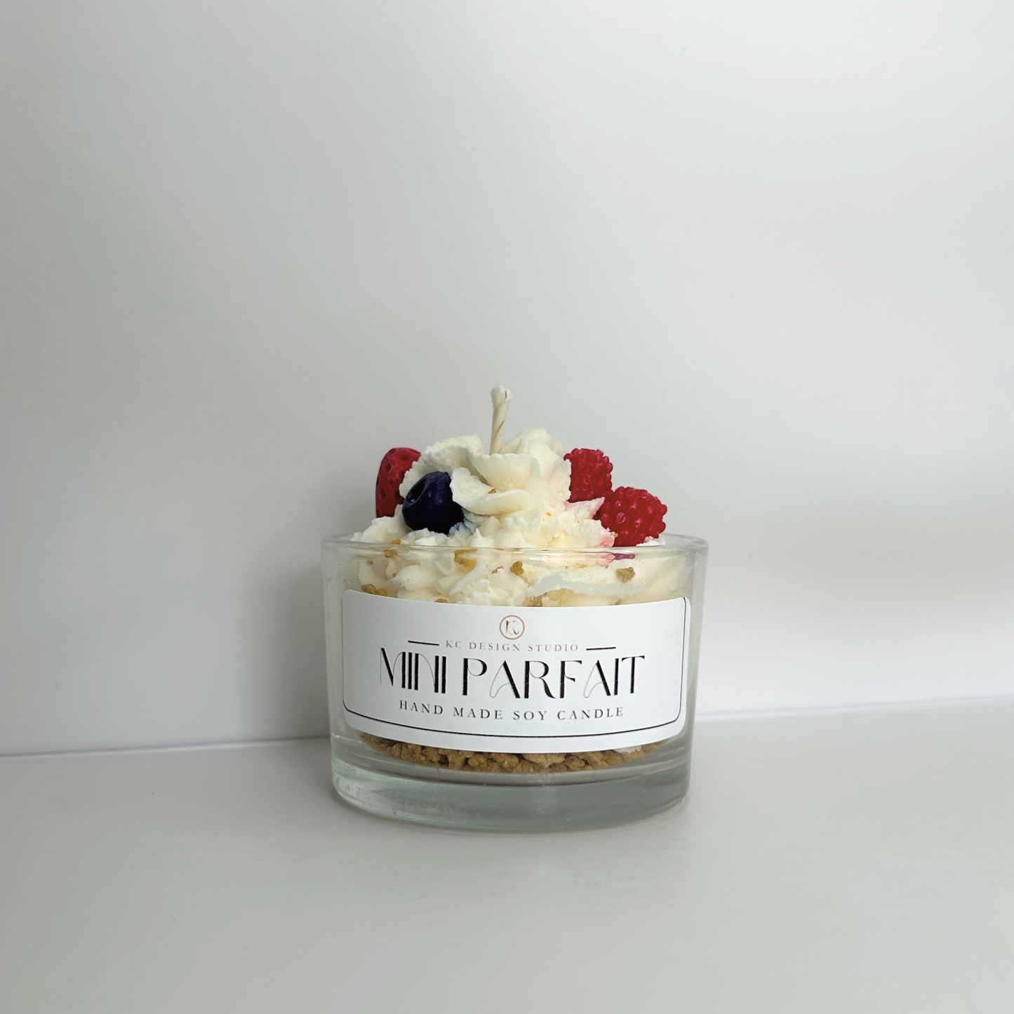 Front view of the Mini Parfait Candle, highlighting its charming parfait-inspired design and eco-friendly cotton wick.