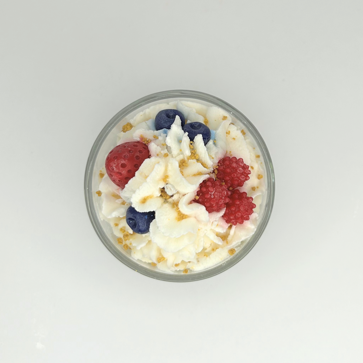 Top view of the Mini Parfait Candle, displaying the colorful fruits and detailed texture that resemble a dessert parfait.