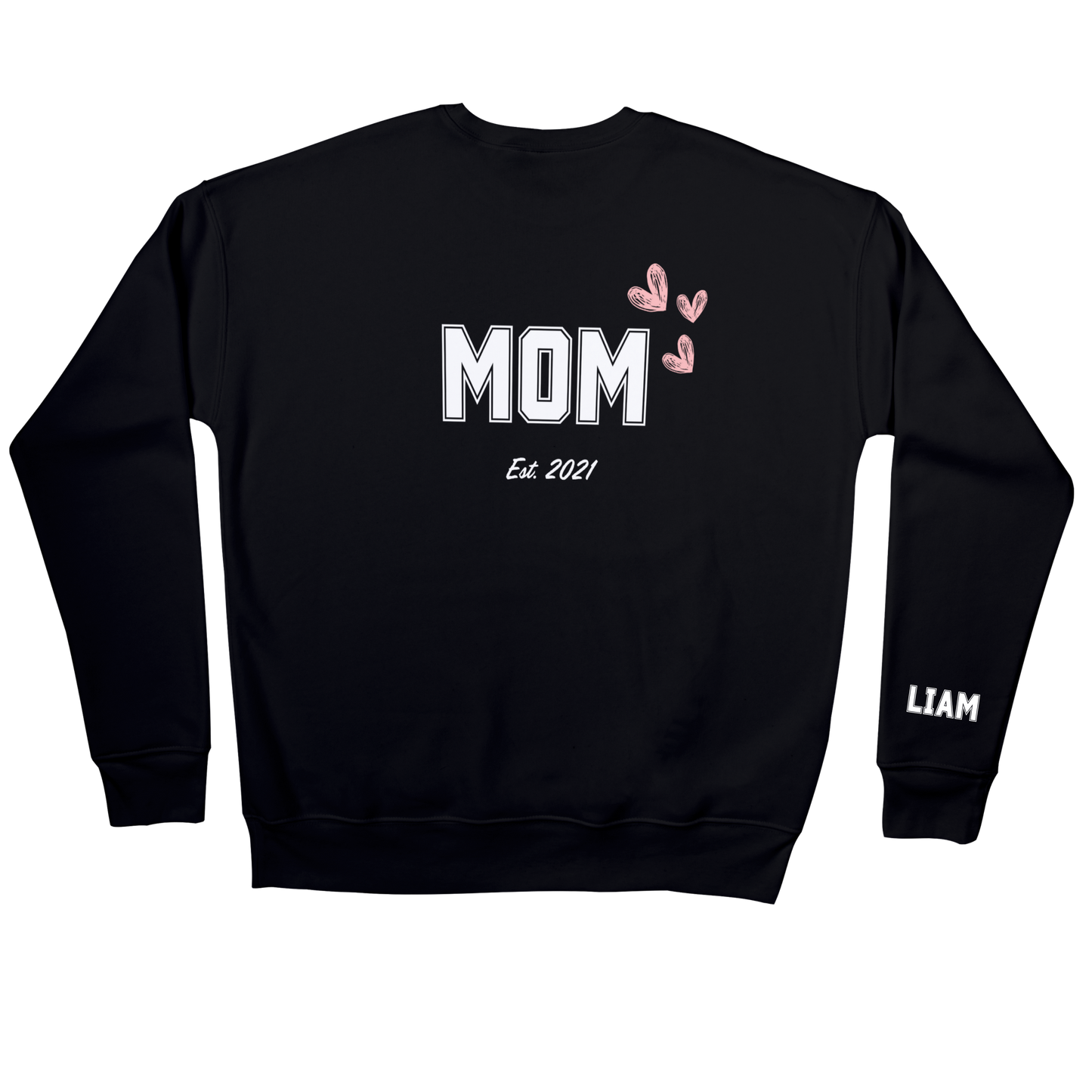 Black personalized “mom” sweatshirt with child’s name on sleeve and birth year under the design.
